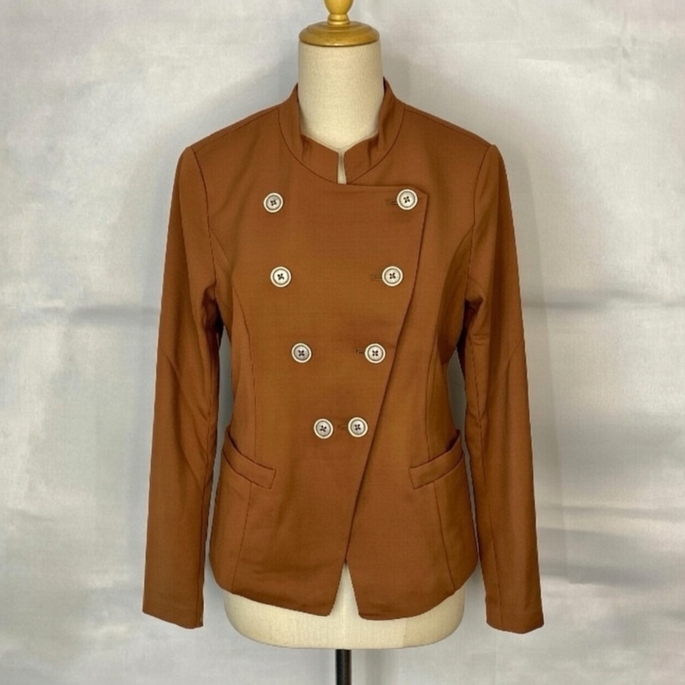 NIC+ZOE Blazer S Double Breasted Military Banded Collar Angled Hem Cognac Brown